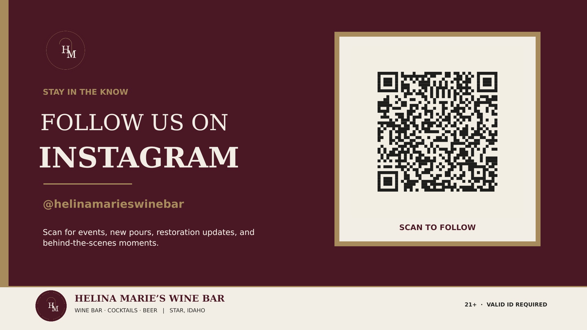 Follow Helina Marie's Wine Bar on Instagram at @helinamarieswinebar — scan the QR code to follow