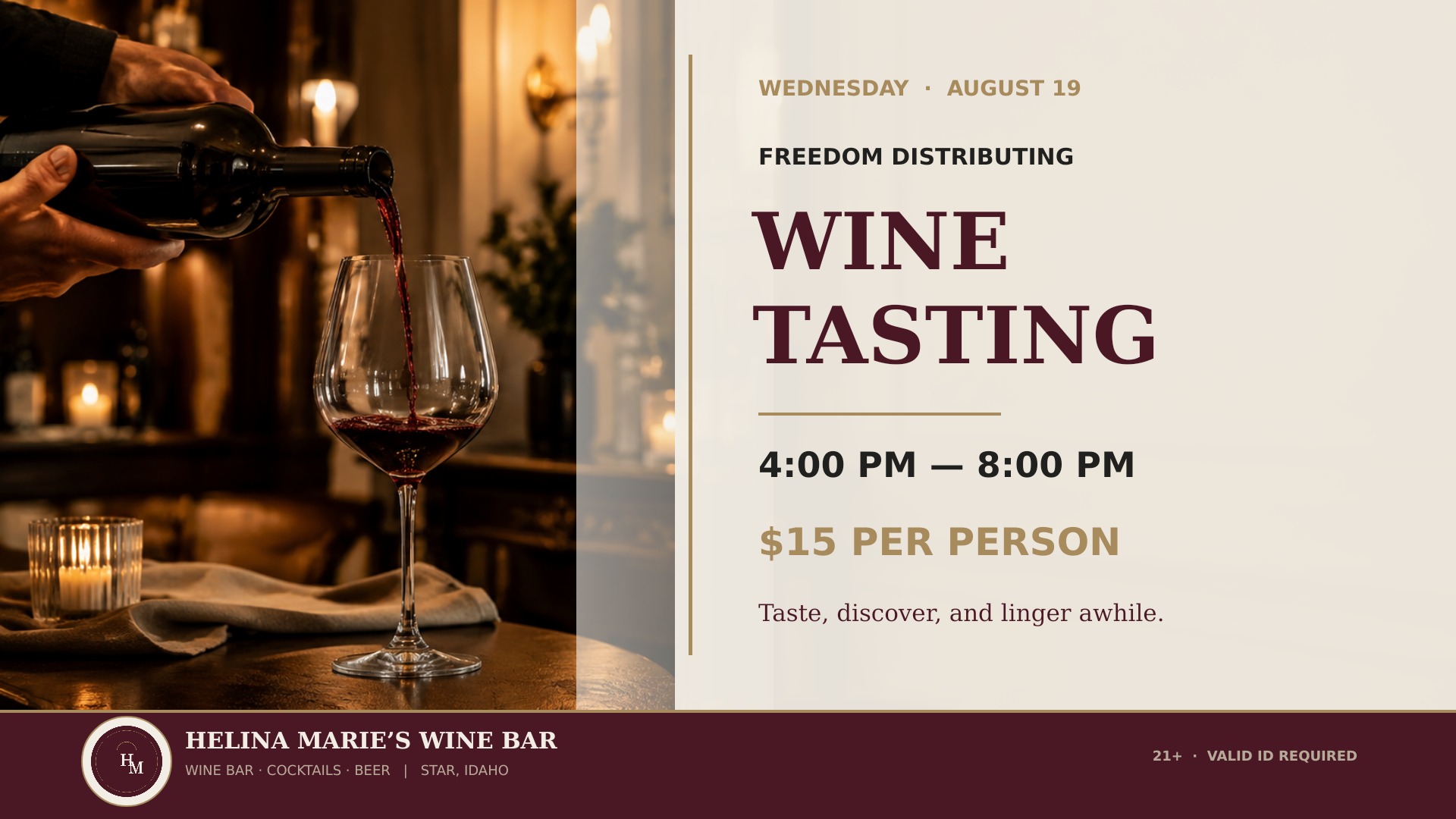 Freedom Distributing Wine Tasting, Wednesday August 19, 4:00 PM to 8:00 PM, $15 per person